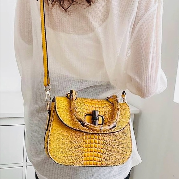 Elegant Yellow Crocodile Satchel with Bamboo Handle - Picture 3 of 3